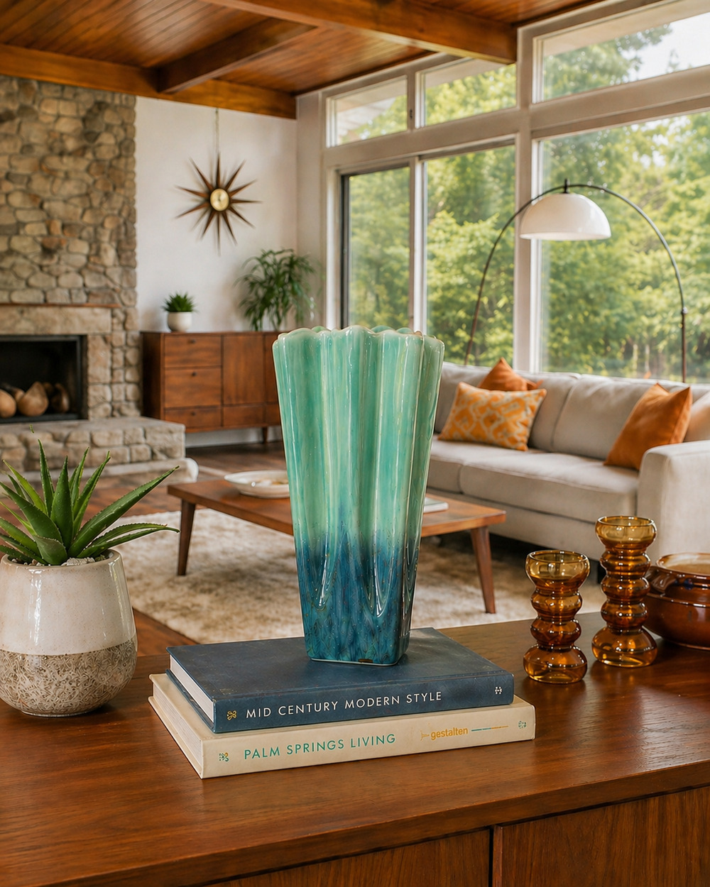 Large Mid-Century Seafoam Green Wavey Vase